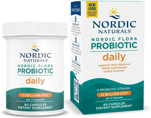 Nordic Naturals Nordic Flora Probiotic Daily - 60 cápsulas - 4 cepas probióticas con 12 mil millones de cultivos - Bienestar óptimo, apoyo