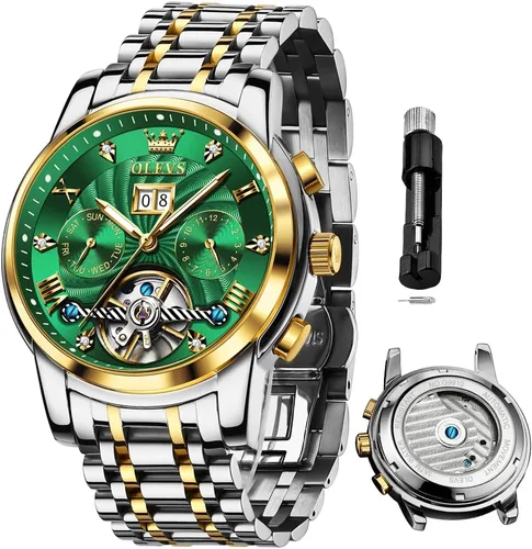 Miniatura 52 de OLEVS Reloj de pulsera automático con diseño de esqueleto para hombre, de lujo, con diamantes de lujo, de acero inoxidable, calendario, reloj