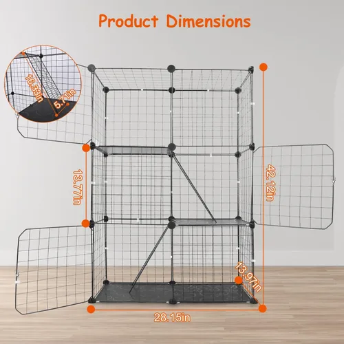 Miniatura 6 de Jaula de 3 niveles para gatos, casa de metal para interiores, casa desmontable para gatitos con 3 puertas, 2 escaleras, lugar de ejercicio