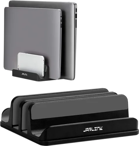 JARLINK Soporte vertical ajustable 4 en 1 para laptop, estante de aluminio con doble ranura para computadora portátil, organizador de ahorro de Negro