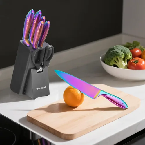 Miniatura 7 de WELLSTAR Juego de cuchillos arcoíris de 8 piezas, juego de cuchillos de cocina de acero inoxidable alemán iridescente con bloque de madera, Juego