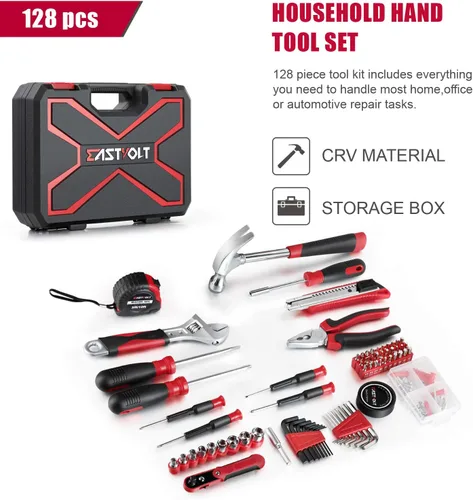 Miniatura 2 de Eastvolt EVHT12801 - Juego de herramientas de reparación del hogar de 128 piezas, juego de herramientas manuales para el hogar general con caja