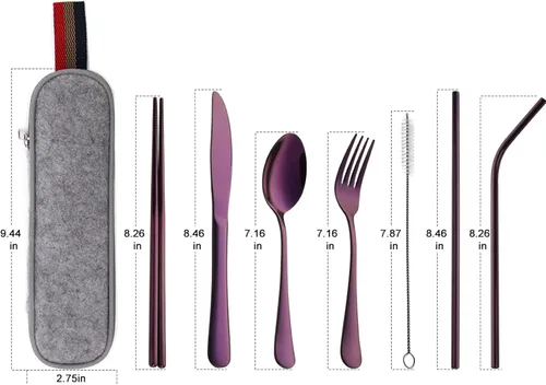 Miniatura 2 de DEVICO Utensilios portátiles, juego de cubiertos de viaje y campamento, 8 piezas, incluyendo cuchillo, tenedor, cuchara, palillos, cepillo de Púrpura