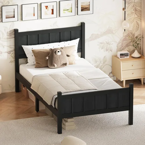 Bellemave Cama de panel plano de tamaño individual con cabecero y estribo, cama de plataforma minimalista y moderna con acabado de grano de madera y