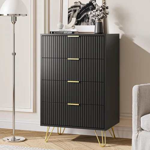 Miniatura 7 de MAISONARIA Cómoda negra para dormitorio, cómoda de 4 cajones con asas de metal dorado y cómodas, cómodas para pasillo, dormitorio