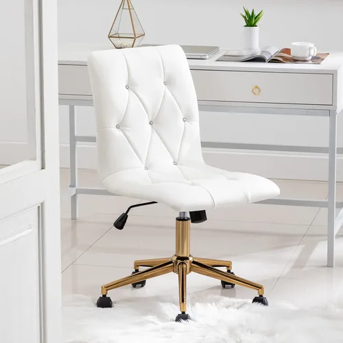 Miniatura 2 de DUHOME Silla moderna de oficina en casa, de piel sintética, bonita silla de escritorio blanca con base dorada, silla de tocador rodante sin brazos