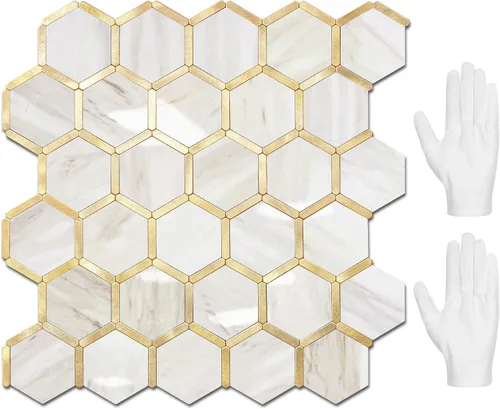Miniatura 12 de STICKGOO Azulejo Hexagonal de Pelar y Pegar para Salpicadero, Salpicadero Adhesivo para Cocina y Baño, Aspecto de Pizarra Oxidada PVC Mezclado Metal