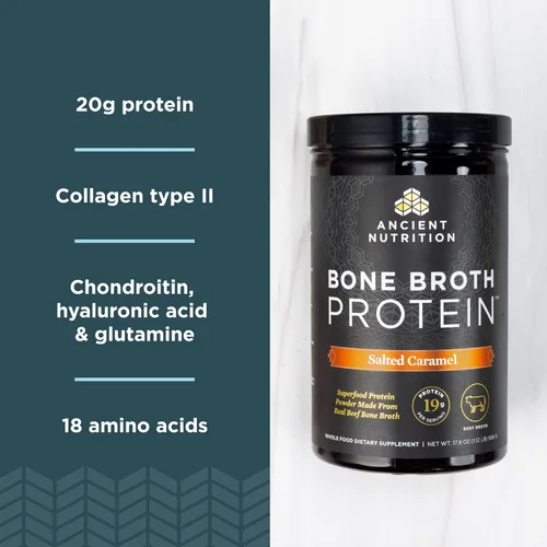 Miniatura 4 de Ancient Nutrition Proteína en polvo de caldo de hueso, caramelo salado, 20 porciones + polvo de proteína de caldo de hueso, chocolate, 20 porciones