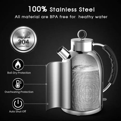 Miniatura 4 de ASCOT Hervidor eléctrico, hervidor de té eléctrico, hervidor de agua caliente, acero inoxidable, 1.5L, 1500 W, calentador de té y agua hirviendo