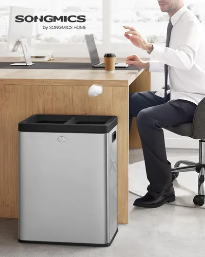 Miniatura 2 de SONGMICS 2 x 6.6 Galones Bote de Basura de Tapa Abierta, Papelera de Basura de Doble Compartimento para Residuos y Reciclaje, Acero Inoxidable