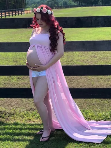 Miniatura 3 de Vestido de maternidad sin tirantes para mujer, con hombros descubiertos, para fotografía, vestido de gasa con abertura frontal para sesión de fotos