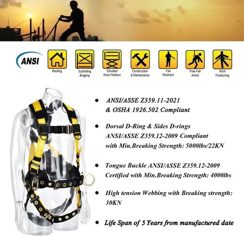 Miniatura 2 de 3D-Rings Fall Potection Safety Harness With Waist＆Leg Tounge Buckles Waist & Shoulder Pad Support ANSI Compliant