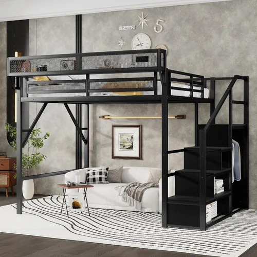 Miniatura 16 de KEIKI Estructura de Cama Loft de Metal Tamaño Twin con Escalera Convertible, Estantes de Almacenamiento Integrados y Armario, Cama Loft con Listones