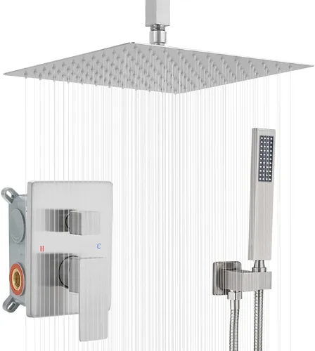Sistema de ducha de níquel cepillado para baño de 12 pulgadas, cabezal de ducha de lluvia, montaje en techo con juego combinado de ducha de mano de
