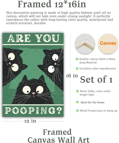 UPWOIGH Decoración artística para pared de baño, arte divertido de pared con diseño de gato negro Are You Pooping, lienzo enmarcado de madera
