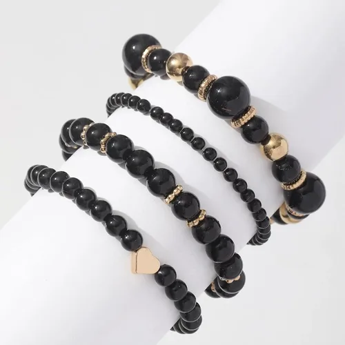 Miniatura 4 de SEMATA Juego de 1500 cuentas negras para hacer joyas, con estrellas y cuentas de corazón, cuentas redondas y poligonales acrílicas negras lisas