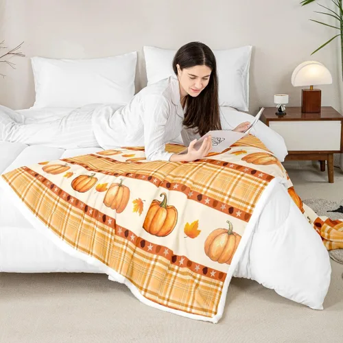 Miniatura 4 de Manfei Hello Fall Throw Blanket Pumpkin Maple Leaf Plaid Patchwork Fleece Blanket Autumn Theme Cozy Throws for Bed Couch Sofa,Kids Boys Girls Room