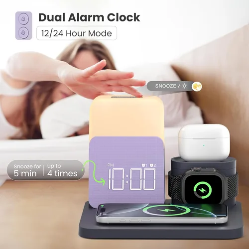 Miniatura 3 de Estación de carga inalámbrica 7 en 1, reloj despertador con cargador inalámbrico para dormitorios, cargador magnético con luz nocturna y reloj