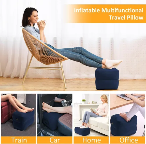 Miniatura 7 de Almohada inflable con reposapiés para viajes, altura ajustable, con máscara para los ojos y tapones para los oídos para niños y adultos en avión