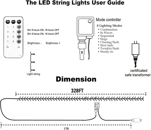Miniatura 2 de Dazzle Bright - Guirnalda de luces de Navidad para exteriores, 1000 luces LED de 328 pies, enchufe de luz de hada con control remoto, 8 modos