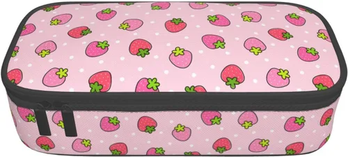 Miniatura 9 de Estuche para lápices con lunares rosados de fresa de gran capacidad, bolsa de papelería con cremallera, soporte portátil para bolígrafos