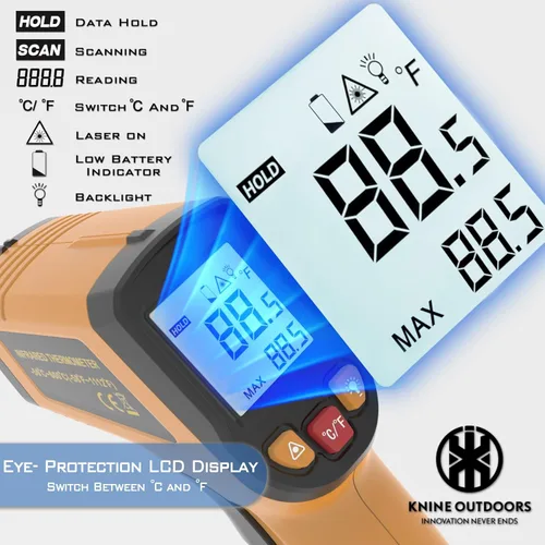 Miniatura 2 de KNINE OUTDOORS Termómetro infrarrojo láser, pistola de temperatura, -58 ℉ a 1112 ℉, enfoque láser único, relación distancia a punto 12:1
