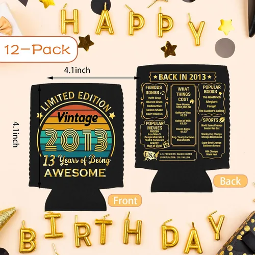 Miniatura 2 de Decoraciones de cumpleaños número 13, suministros y recuerdos de fiesta, fundas enfriadoras para latas de bebidas, paquete de 12, negro y dorado