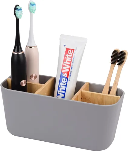Miniatura 7 de Portacepillos de dientes para baños, soporte para cepillos de dientes de bambú con 5 ranuras, organizador de tocador de baño para encimera