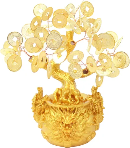 Árbol de monedas de fortuna de oro de Feng Shui de 7 pulgadas en Dragon Pot Bonsái Decoración para el hogar Riqueza bendición regalo (D13455)