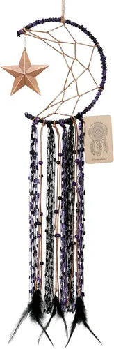 Dremisland Atrapasueños de luna hecho a mano, medio círculo, diseño de luna atrapasueños, plumas, colgando con estrella, decoración del hogar, Morado