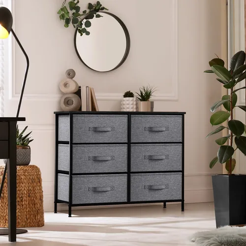Miniatura 6 de Sorbus Cómoda con 6 cajones, unidad organizadora de pecho con marco de acero, parte superior de madera y asa, contenedores de tela fáciles de tirar