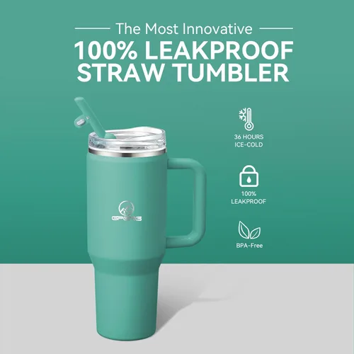 Miniatura 2 de Gpeng 30/40/50 oz Vaso con asa, botellas de agua con tapa de popote, taza de viaje de acero inoxidable aislada compatible con portavasos, mantiene