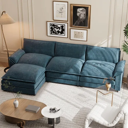 Shahoo Sofá modular modular en forma de L de tela de felpilla con esponjas suaves y de alto apoyo y otomana extraíble, cómodo mueble tapizado para