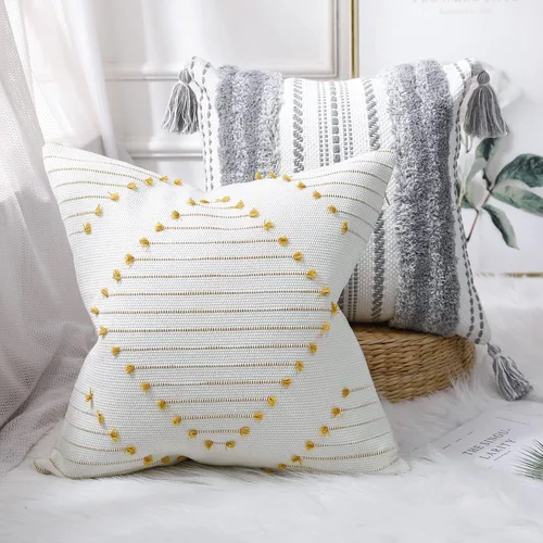 Miniatura 2 de PANOD Juego de 2 fundas de almohada decorativas bohemias de 18 x 18 pulgadas, diseño moderno gris y amarillo, fundas de cojín para sofá, cama
