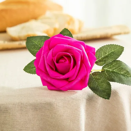 Miniatura 3 de 50 rosas artificiales de espuma de color rosa intenso, rosas falsas de aspecto real con tallos y hojas para decoración del hogar, fiestas, jardín