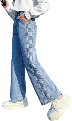 Rolanko Pantalones vaqueros para niñas, cintura elástica, pierna ancha, pantalones holgados para niños, ropa para niños de 4 a 14 años