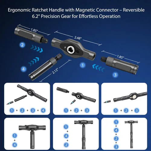 Miniatura 3 de Juego de destornilladores de trinquete, destornillador multibit 24 en 1 con engranaje de trinquete de dientes finos de 6.2°, puntas de acero S2