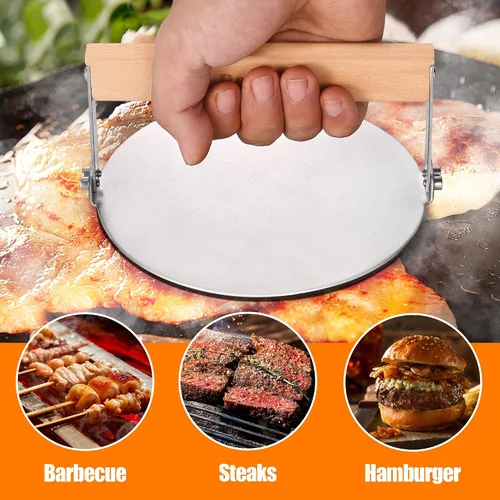 Miniatura 7 de bodkar Smash - Prensa de hamburguesa redonda de acero inoxidable de 6 pulgadas con mango de madera, tocino, hamburguesa, parrilla, prensa de carne