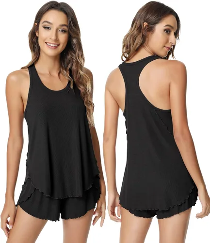 NACHILA Conjunto de pijama para mujer, camiseta sin mangas de bambú acanalada con espalda cruzada y pantalones cortos, ropa de dormir sin mangas,