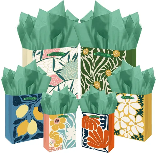 Miniatura 9 de qiqee Bolsas de regalo de papel surtido con asas de papel de seda, 8 bolsas de regalo de cartón de cumpleaños de animales florales para mujeres