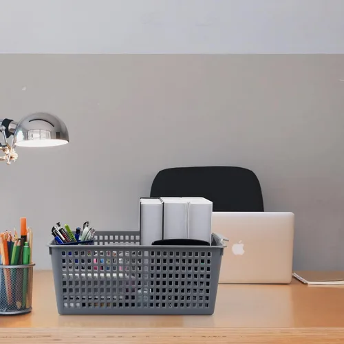 Miniatura 4 de Paquete de 3 cestas de almacenamiento de plástico, contenedor de almacenamiento grande gris