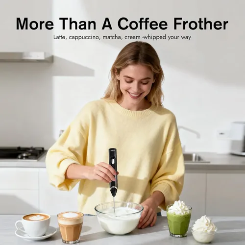 Miniatura 8 de RAFOW Espumador de leche eléctrico de mano: varita espumadora recargable con soporte, 3 velocidades y mezclador de bebidas desmontable de doble