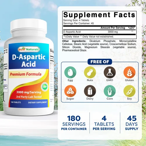 Miniatura 2 de Best Naturals Ácido aspártico D (DAA) 3000 mg por porción, sin OMG y sin gluten, 180 tabletas