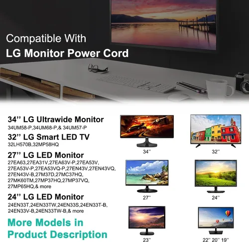 Miniatura 2 de HKY Adaptador de corriente alterna de 19 V compatible con LG de 34 pulgadas, 32 pulgadas, 27 pulgadas, 24 pulgadas, 23 pulgadas, 22 pulgadas, 20