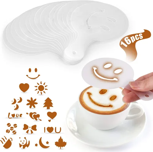 Zulay Kitchen 16 plantillas de café para arte con leche, accesorios de barista para café con leche, capuchino y chocolate caliente, plantillas