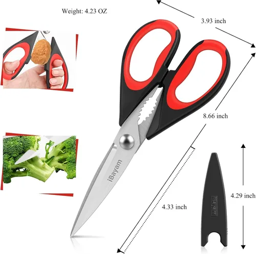 Miniatura 2 de iBayam Paquete de 3 tijeras de cocina de 8.5 pulgadas, multiusos, resistentes con funda protectora, mango de agarre suave y cómodo, juego