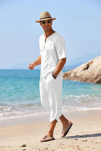 Miniatura 3 de COOFANDY Conjunto de 2 piezas de lino para hombre, camisa Henley de manga corta y pantalones capri harén, pierna ancha, holgados, pantalones de yoga