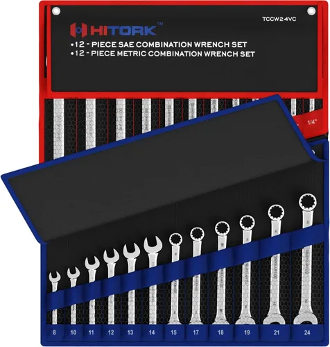 Miniatura 9 de HITORK Juego de 32 llaves SAE y métricas 20 estándar y 12 llaves combinadas cortas Cr-V de acero con acabado de espejo de 12 puntas, desfase de 15°