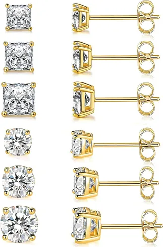 Aretes tipo dormilona chapados en oro de 18 quilates con circonita cúbica transparente de corte princesa, 6 pares (6 pares)