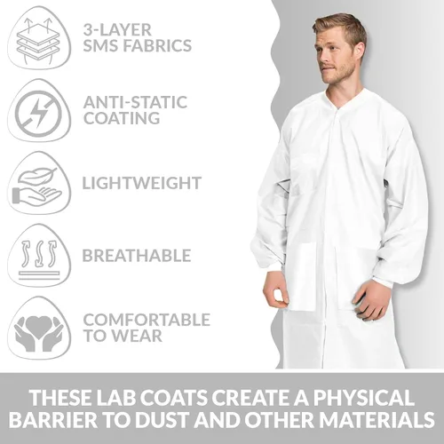 Miniatura 3 de Medical Nation Paquete de 10 abrigos de laboratorio desechables Abrigo de laboratorio duradero de 1.76 oz SMS hasta la rodilla, reutilizable